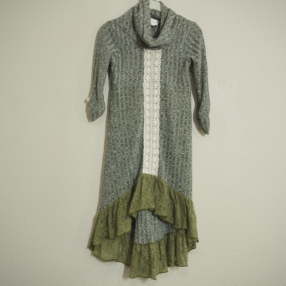 Whimsy Size 6 Green Waffle Knit High-Low Dress Lace Trim Cowl Neck Boho Knit
